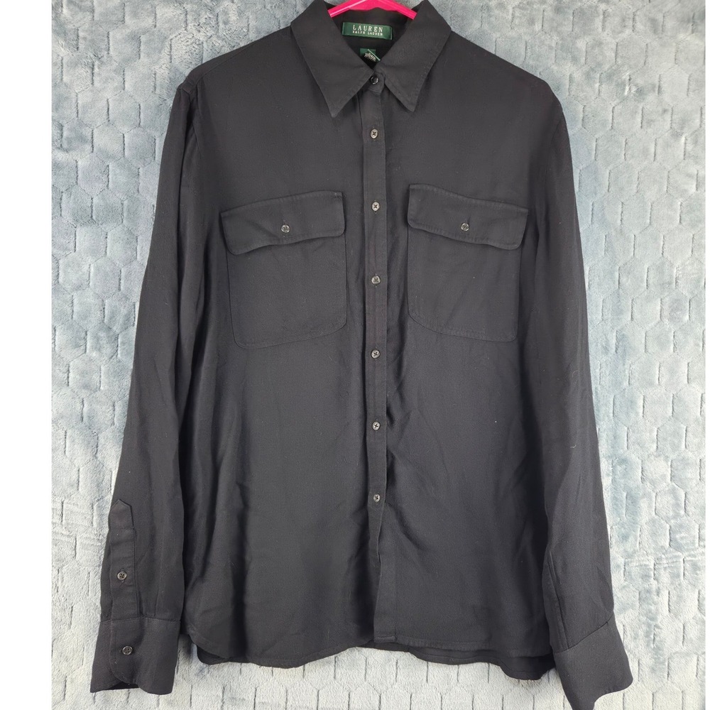 Lauren Ralph Lauren Black Viscose Button Down Shirt Long Sleeve Pockets Large